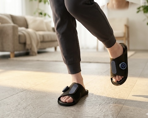 笑顔で歩き出す人の足元